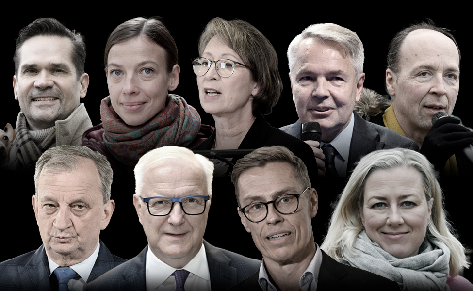 Kuvassa ovat presidentinvaalien ehdokkaat. Mika Aaltola (ylhäällä vasemmalla), Li Andersson, Sari Essayah, Pekka Haavisto, Jussi Halla-aho, Harry Harkimo (alhaalla vasemmalla), Olli Rehn, Alexander Stubb ja Jutta Urpilainen.