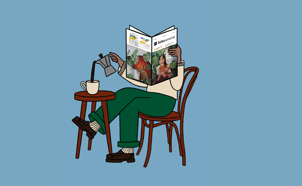 Piirroskuva henkilöstä, joka lukee Selkosanomia pöydän ääressä. Hän kaataa itselleen samalla kahvia kuppiin mutteripannusta.